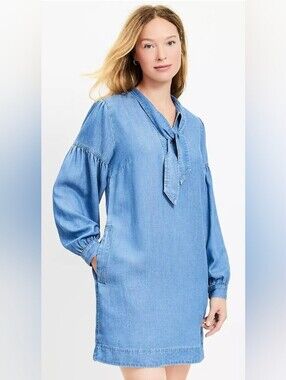 LOFT Chambray Tie Neck Mini Dress With Pockets Lyocell And Linen Small